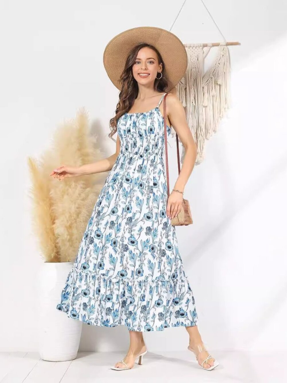 Women's Blue Floral Pleated Ruffle Dress